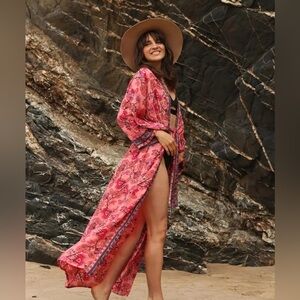 Long Floral Pink Beach Robe Kimono One Size, Including Plus Size